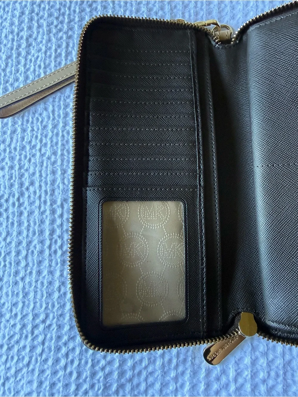 Michael Kors Black Pebble Leather Wristlet with Gold Plate and Taupe Strap